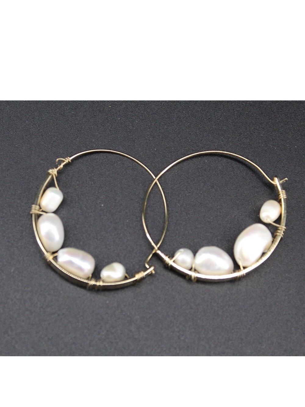 Freshwater Pearl Hoop Earrings Gold Tone Wire Wrapped Boho Coastal